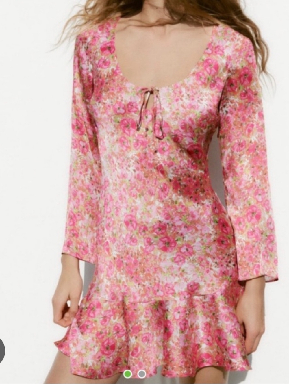 Zara Floral Tie-Neck Pink Long-Sleeve Mini Dress